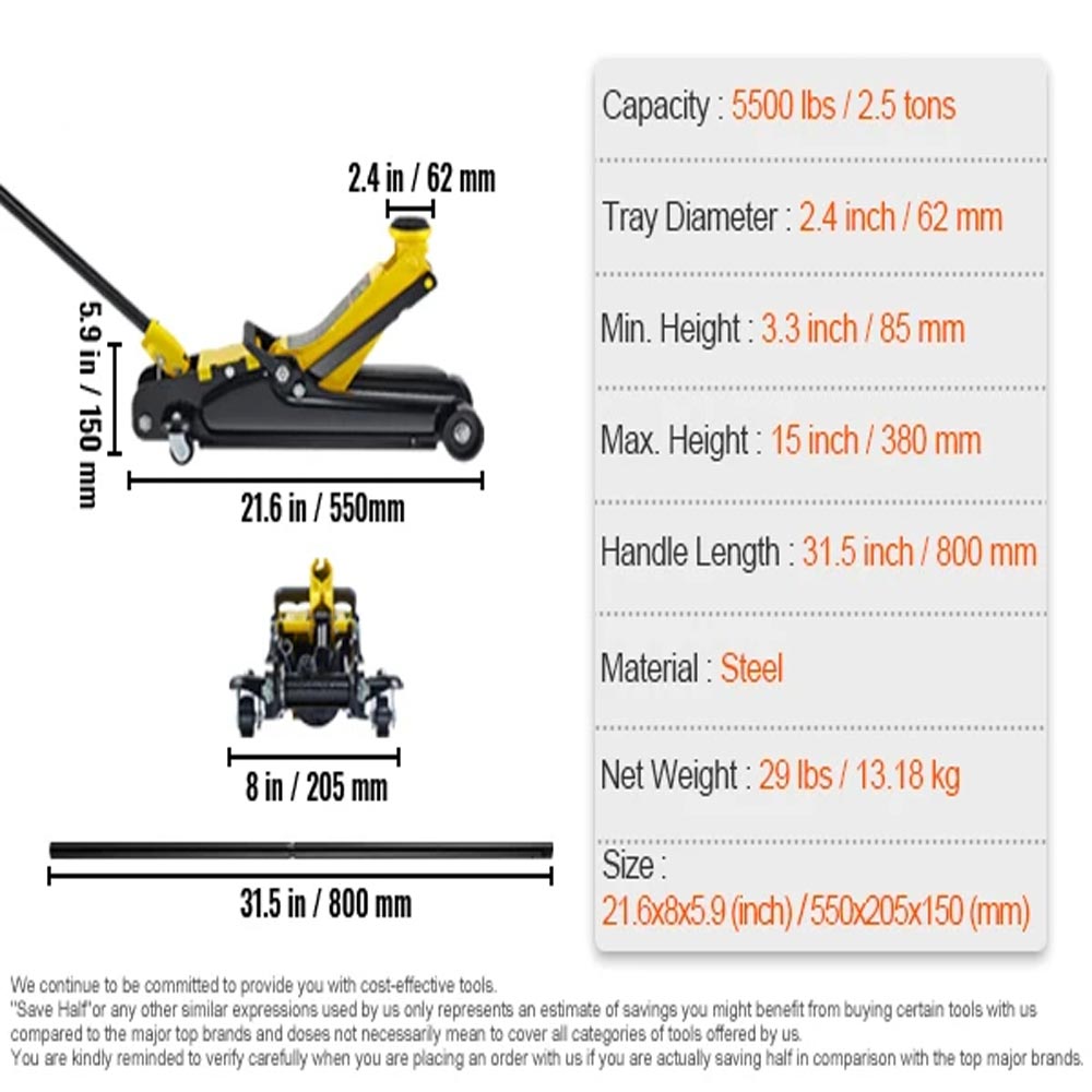 Podnośnik hydrauliczny podłogowy 2,5T Pneumatyczny Niski Profil Podnośnik Podłogowy Ciężki Stalowy Podnośnik Wyścigowy z Pojedynczą Pompką Tłokową