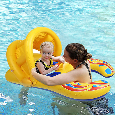 Gelber Pool-Wassersitz für Kinder mit Sportmotiv, Lenkrad und Kissen