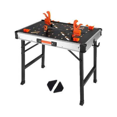 Mesa de trabajo plegable con capacidad de carga de 1000 libras, banco de trabajo portátil multifuncional y caballete versátil para uso en trabajos de carpintería DIY.