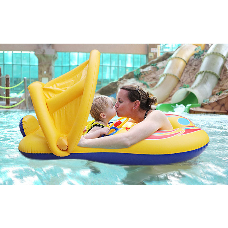 Siège d’eau pour piscine à thème sportif jaune pour enfants avec volant et coussin.