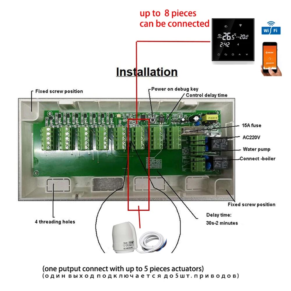 Thermostat intelligent WIFI 3A pour système de chauffage par le sol à eau avec hub de câblage central, actionneurs pour intégration de chaudière à gaz