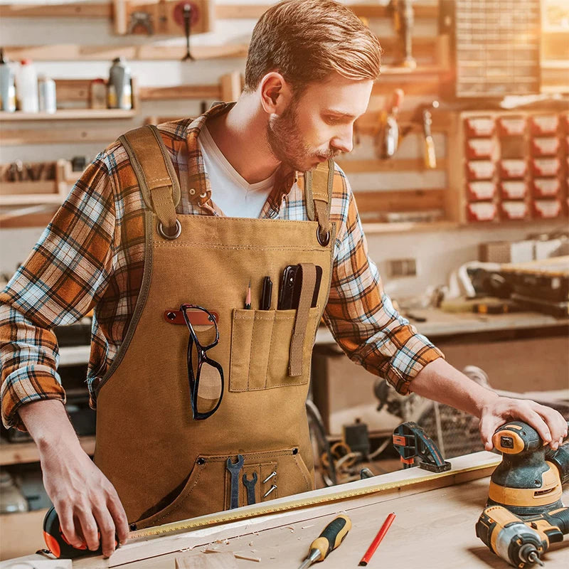 Heavy-Duty Canvas Apron with Tool Pockets: Tablier unisexe réglable en toile robuste avec poches pour outils, pour le travail et la maison
