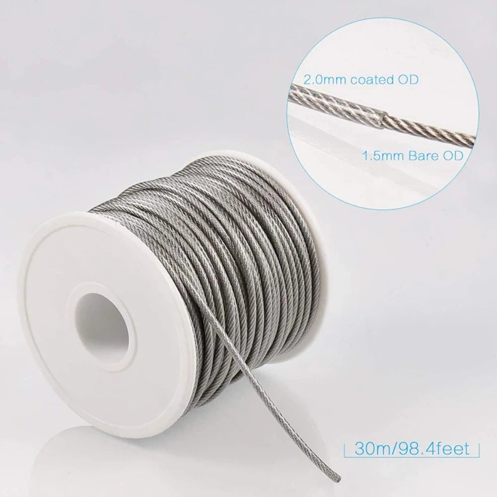 Câble souple en corde à fil d'acier enduit de PVC de 15/25/30/50 mètres, corde à linge en acier inoxydable transparent, diamètre 2mm Kit