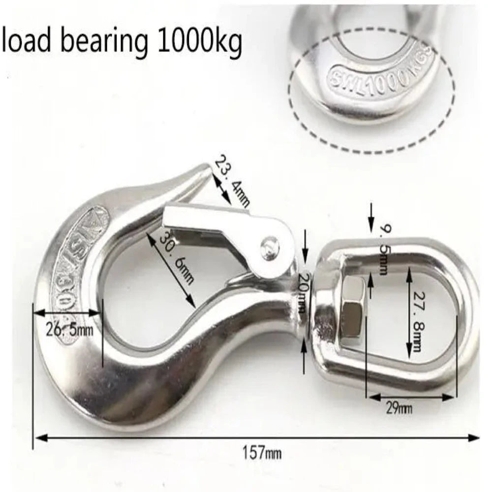 Gancho de Carga Giratorio de Cuerpo Grueso Anti-desprendimiento Acero Inoxidable 304 Carga 150/350/650/1000/1500kg 360 Grados