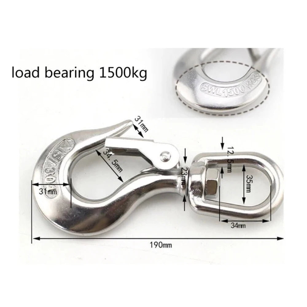 Gancho de Carga Giratorio de Cuerpo Grueso Anti-desprendimiento Acero Inoxidable 304 Carga 150/350/650/1000/1500kg 360 Grados