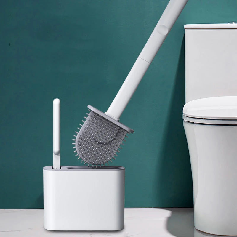 Brosse de toilette en silicone Brosse de nettoyage Tête plate Flexible Support mural Brosse nettoyante pour cuvette de WC Ensemble pour salle de bain