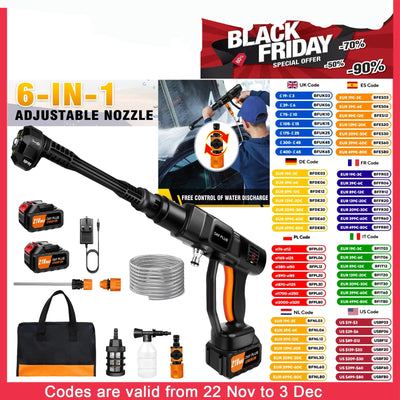 21V 3000mAh Cordless High-Pressure Car Washer with 6-in-1 Nozzle, 150Bar/2000PSI, 270L/H Flow Rate