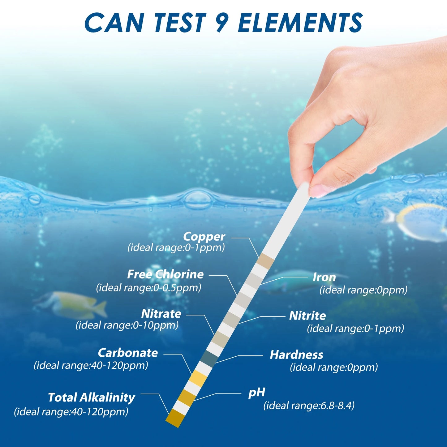 100 bandelettes de test pour aquarium 7 en 1/6 en 1/5 en 1, bandelettes de test de qualité de l'eau, bandelettes de test du pH de l'eau d'aquarium d'eau douce et d'eau salée