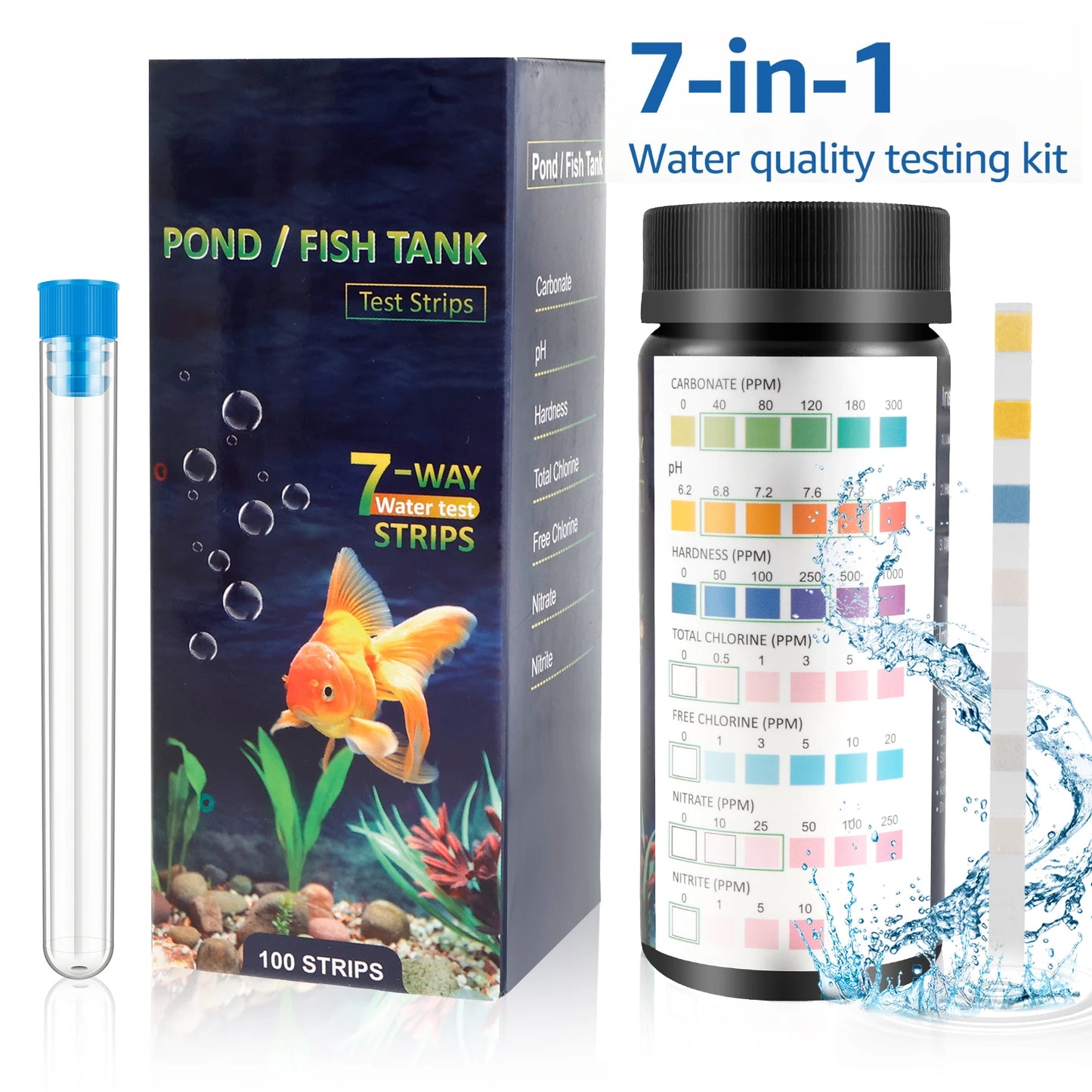 100 bandelettes de test pour aquarium 7 en 1/6 en 1/5 en 1, bandelettes de test de qualité de l'eau, bandelettes de test du pH de l'eau d'aquarium d'eau douce et d'eau salée