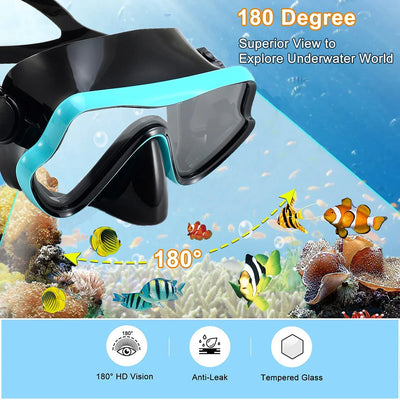 Adult Snorkel Set with Tempered Glass Diving Mask and Silicone Breathing Tube for Scuba Snorkeling and Swim Training