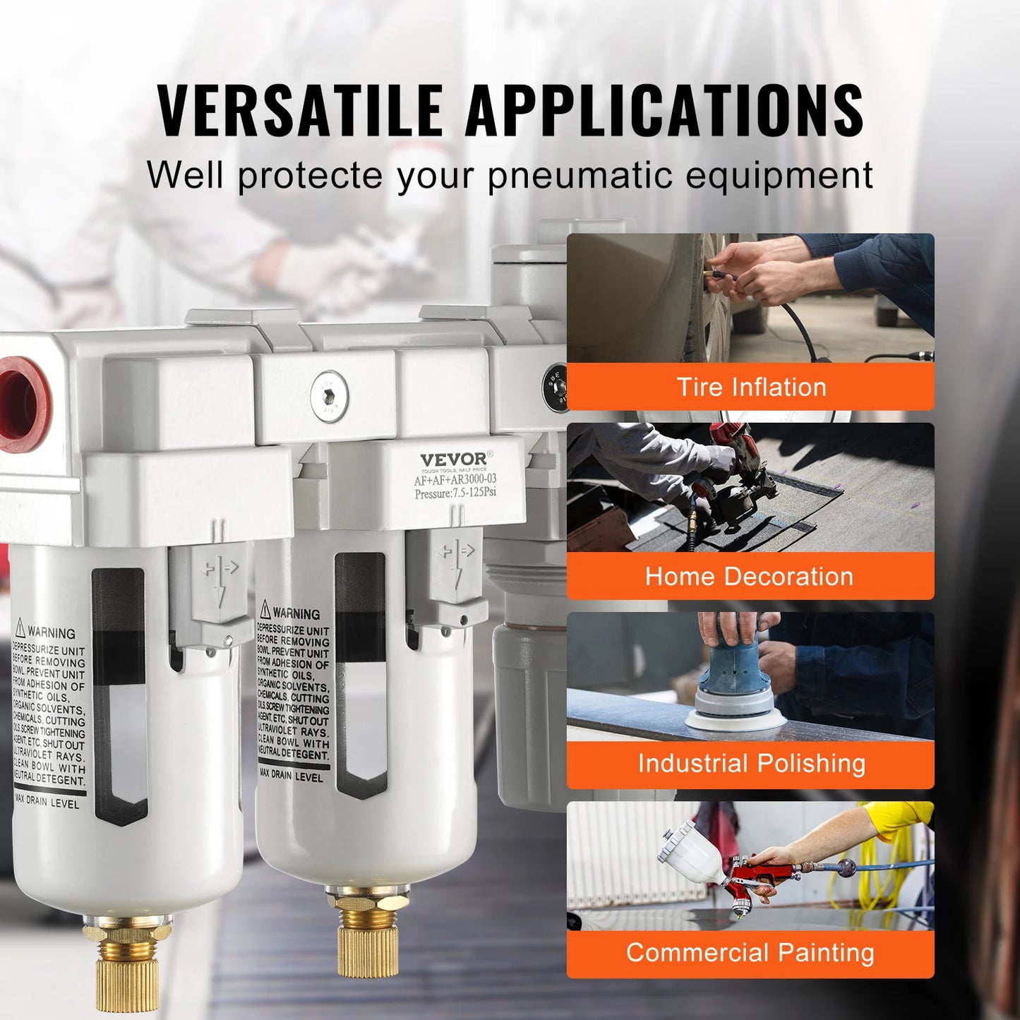 Filtre de compresseur d'air VEVOR 3/8" NPT double étage semi-automatique séparateur d'huile et d'eau système de séchage d'air régulateur d'air pneumatique