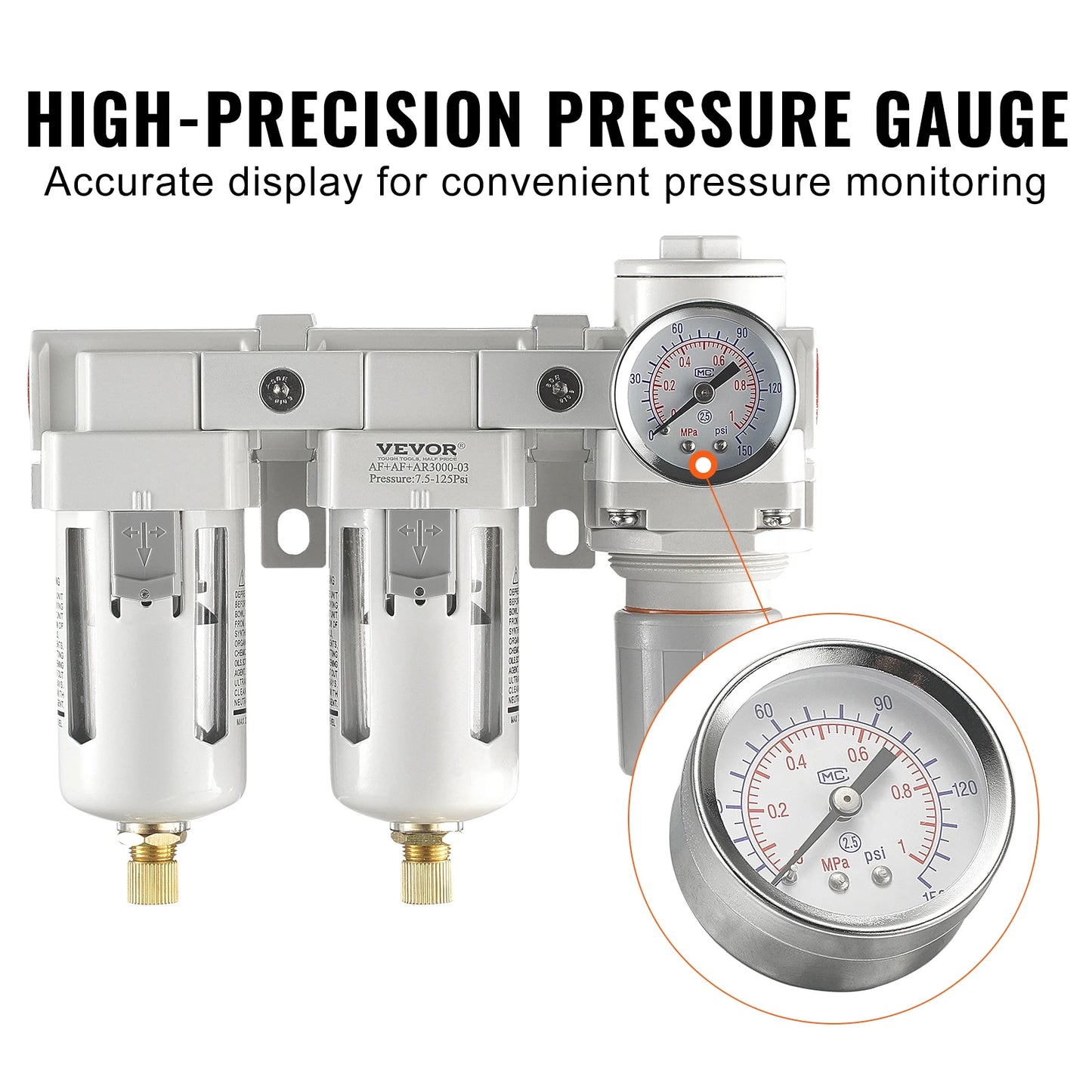 Filtre de compresseur d'air VEVOR 3/8" NPT double étage semi-automatique séparateur d'huile et d'eau système de séchage d'air régulateur d'air pneumatique