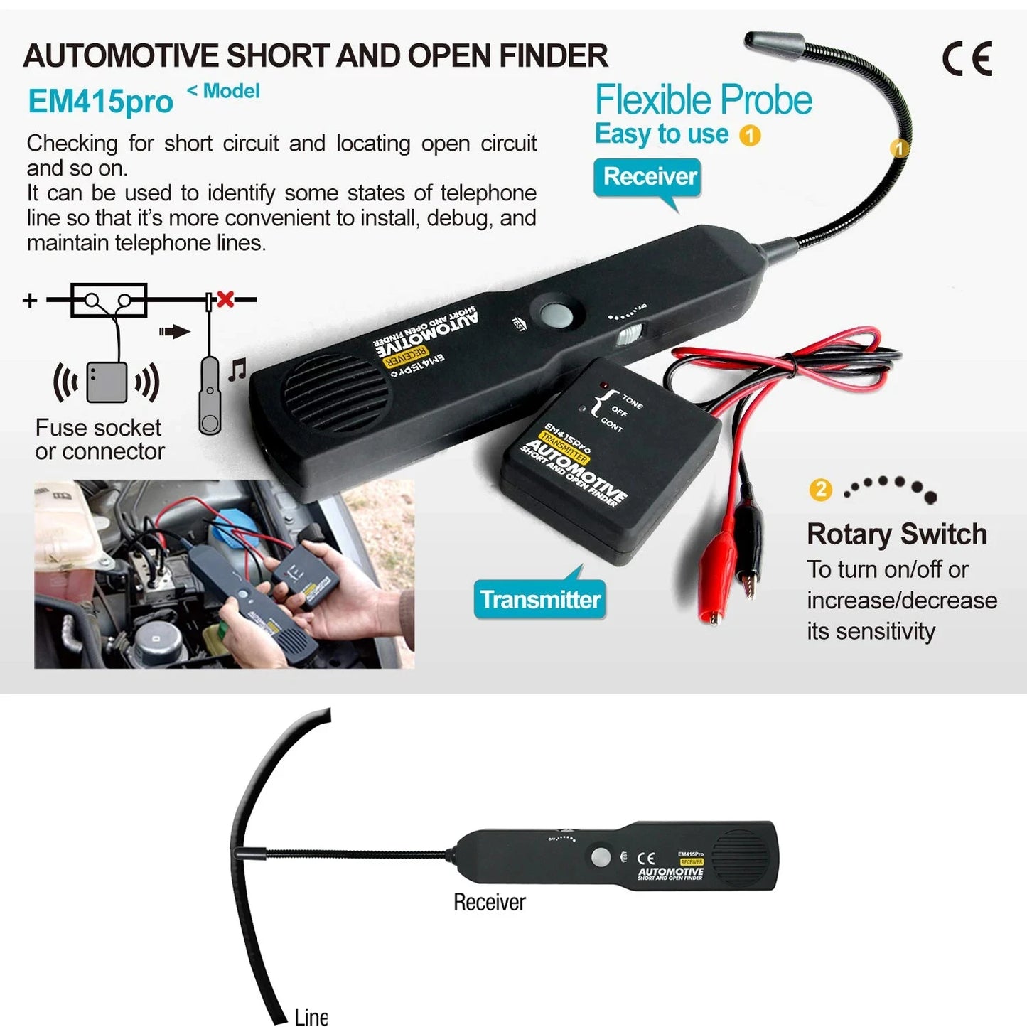 EM415Pro Testeur de circuit ouvert et court-circuit électrique automobile DC 6-42V Outil de diagnostic de suivi de câble et de fil pour réparation de voiture