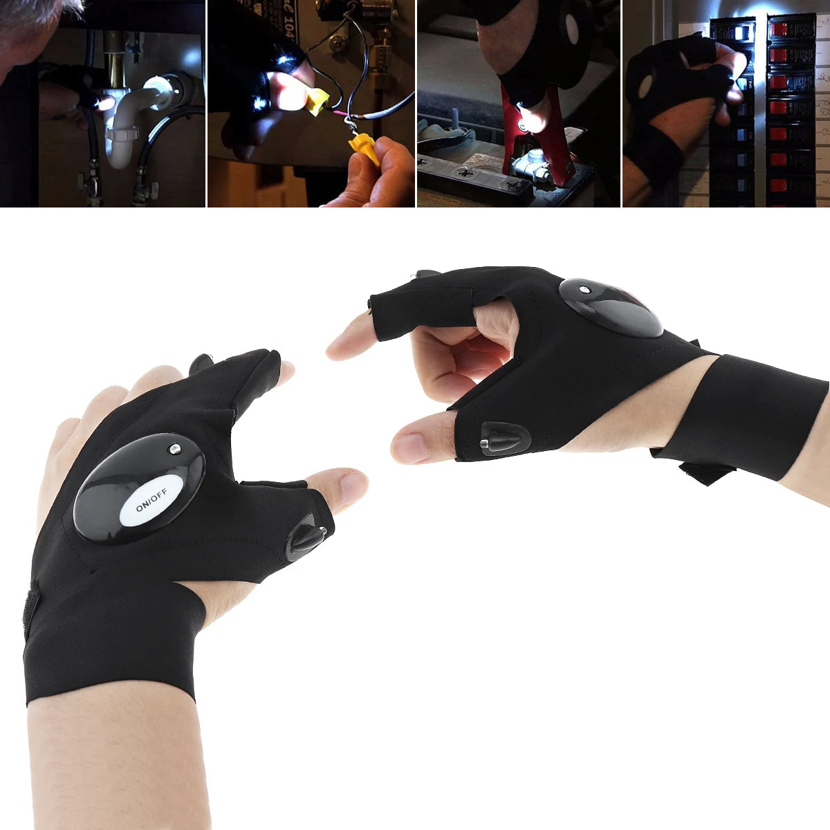 Guanti Elasticizzati in Cotone a Mezze Dita con Torcia LED per Riparazioni Domestiche Notturne