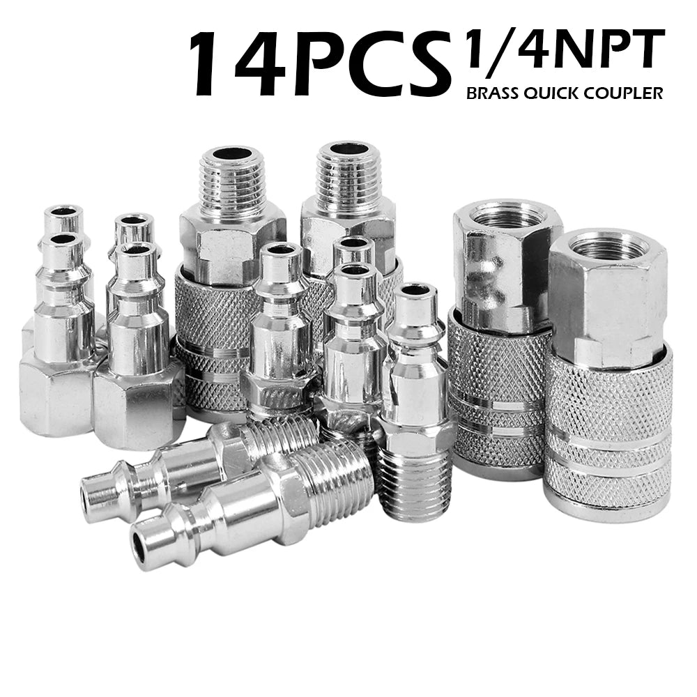 14 pièces 1/4" BSP NPT Connecteur Ligne d'air Euro Tuyau Compresseur Raccord Métal Connecteurs rapides Coupleur Mâle Femelle Ensemble de déverrouillage