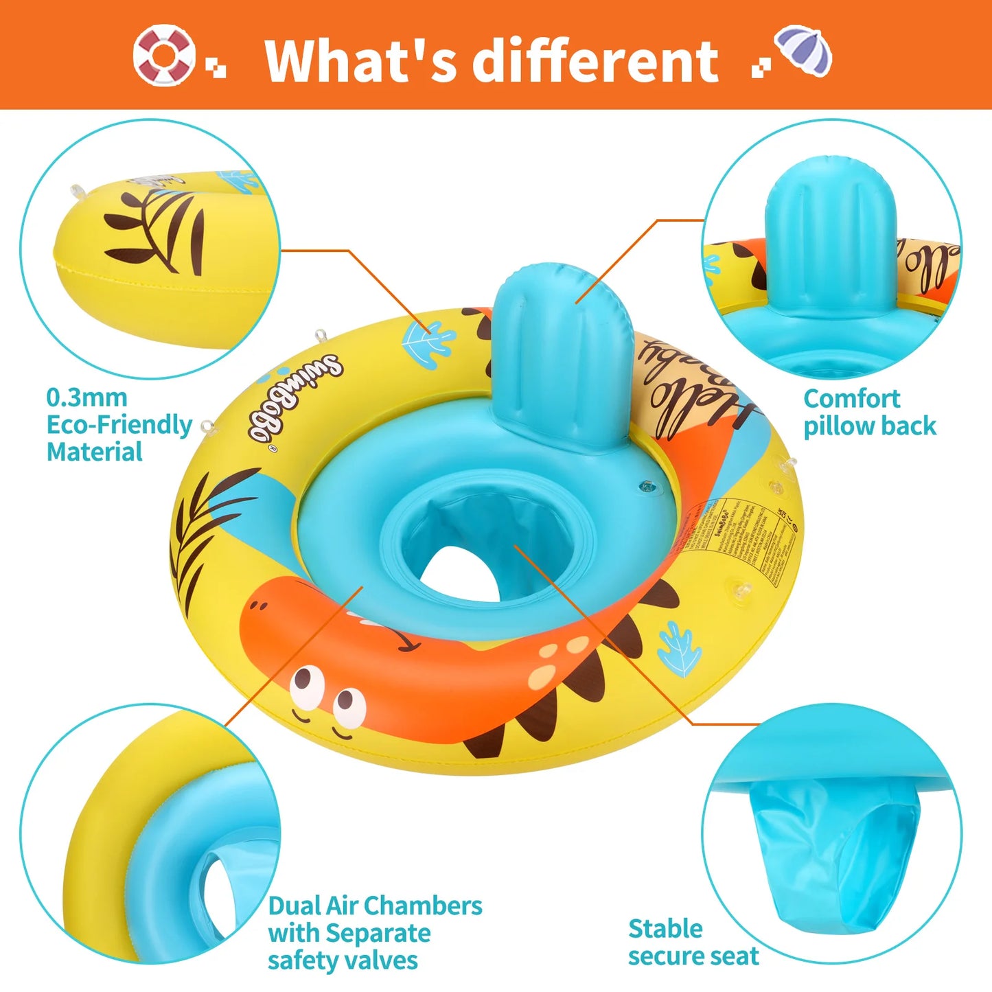 Inflatable Dinosaur Baby Swimming Float Seat with Canopy for Pool Kids Water Toy Swim Ring Boat