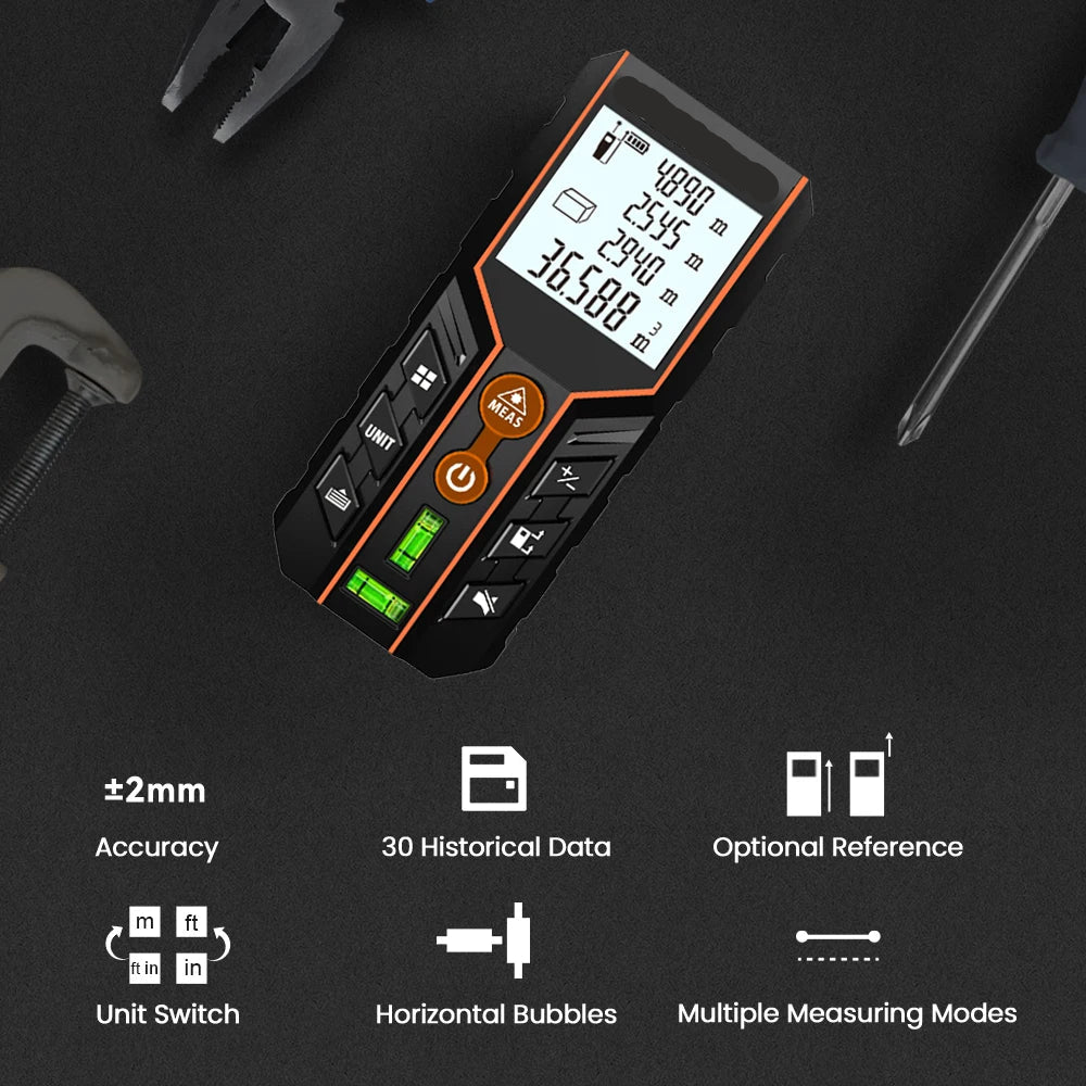 Portable Laser Distance Measurer, ±2mm Accuracy, Battery-Powered, Compact 115x52x32.5mm