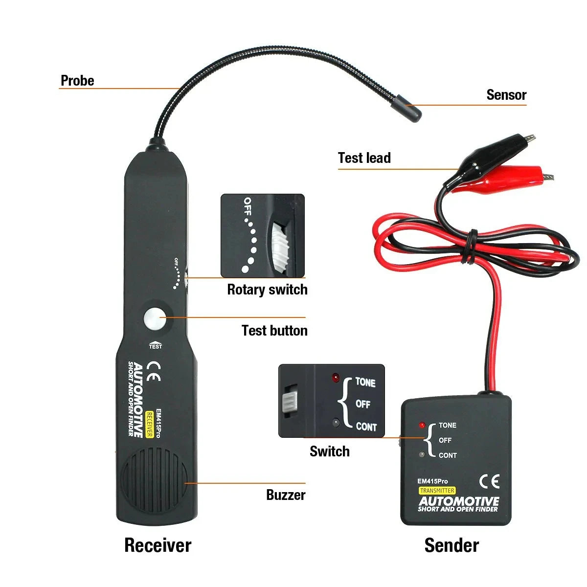 EM415Pro Testeur de circuit ouvert et court-circuit électrique automobile DC 6-42V Outil de diagnostic de suivi de câble et de fil pour réparation de voiture