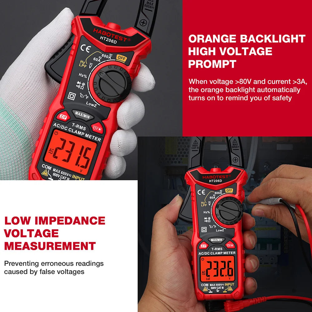 HABOTEST HT206 pince multimètre numérique courant cc/AC 600A multimètre ampèremètre testeur de tension voiture Amp Hz capacité NCV Ohm Test