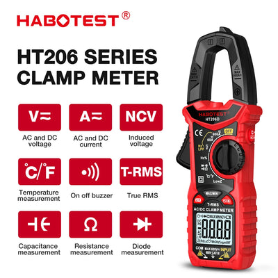 Medidor de Pinza Digital HABOTEST HT206 Corriente DC/AC 600A Multímetro Amperímetro Probador de Voltaje Amp Hz Capacitancia NCV Ohm Test