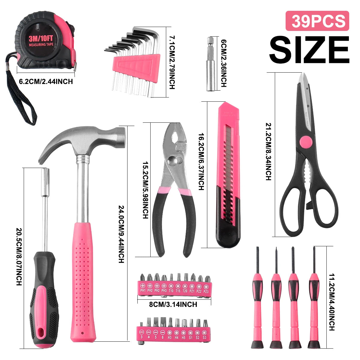 Pink Home Werkzeugset: 39-teiliges Mehrzweck-Reparaturset