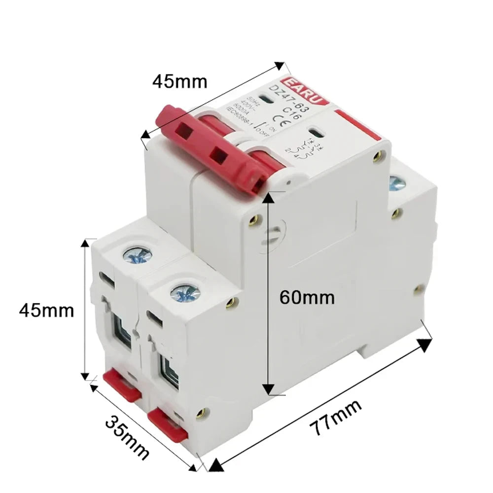 2 Pôles 3A/6A/10A/16A/20A/32A/40A/50A/63A 400V~ Disjoncteur Miniature Type C Montage Rail Din 35mm Capacité de Coupure