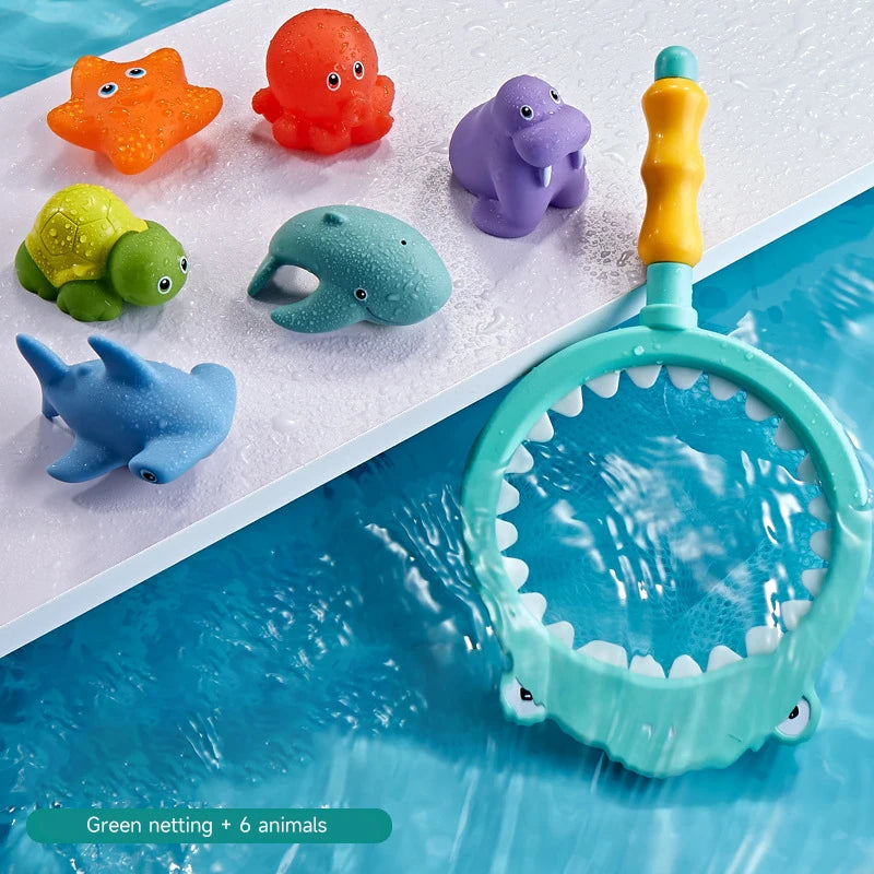 Baby Bath Fishing Toy Set with Floating Fish and Frog Net for Ages 0-6 Years