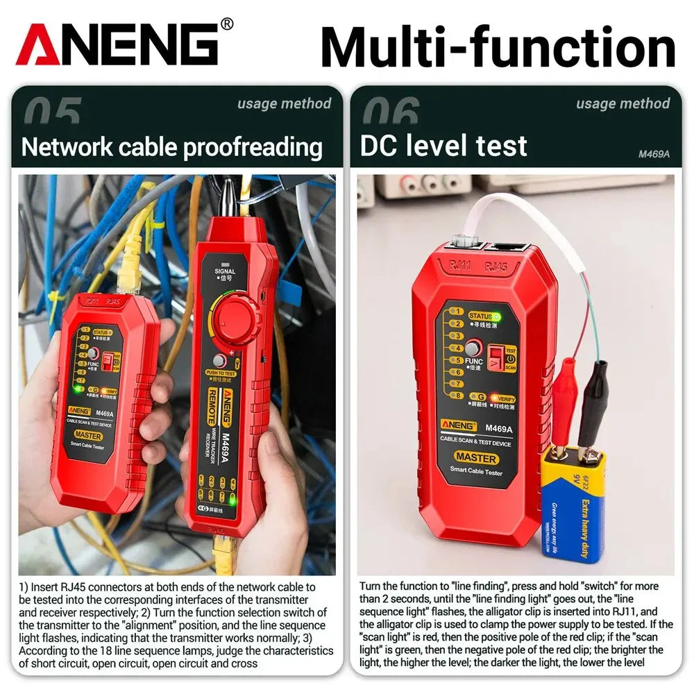 ANENG M469A Testeur de câble réseau intelligent RJ45 RJ11 Testeur de câble LAN Détecteur de fil Traceur Récepteur Outil de réparation réseau électrique