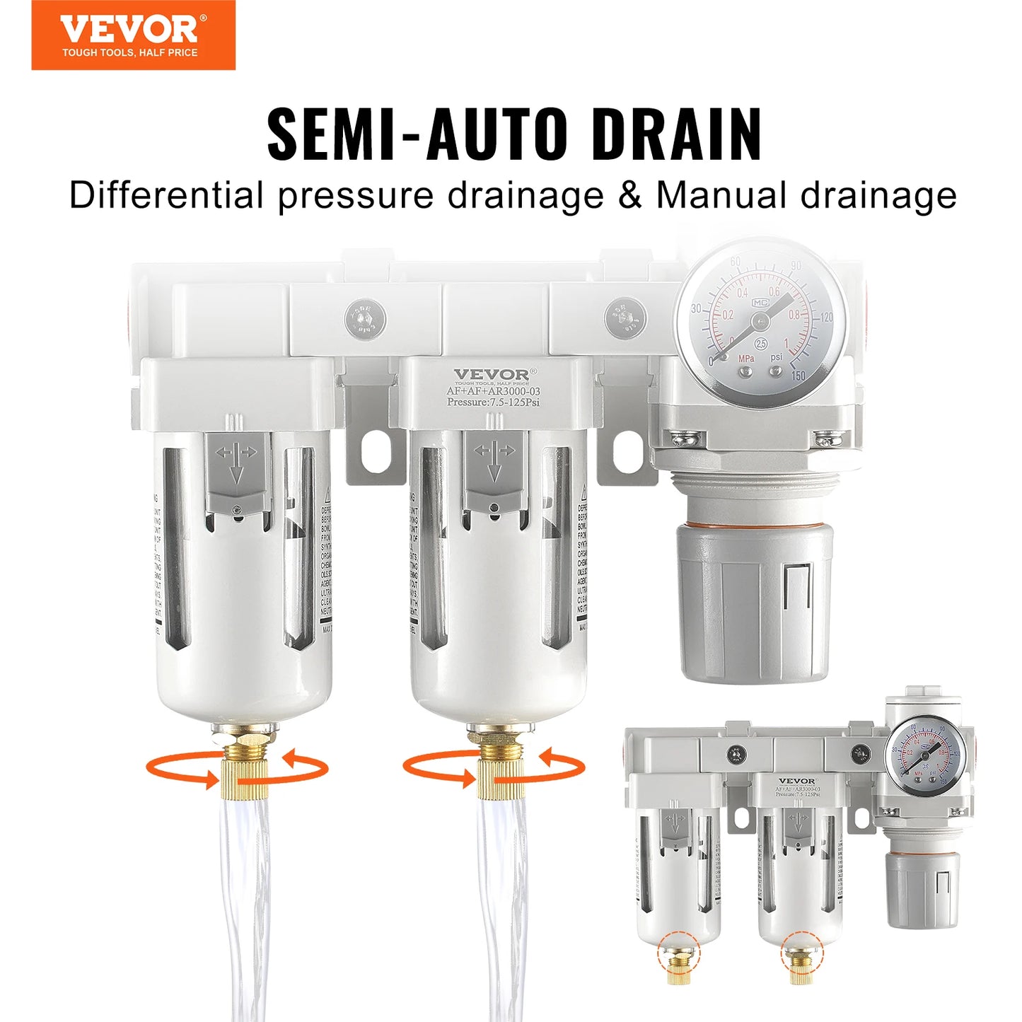 Filtre de compresseur d'air VEVOR 3/8" NPT double étage semi-automatique séparateur d'huile et d'eau système de séchage d'air régulateur d'air pneumatique