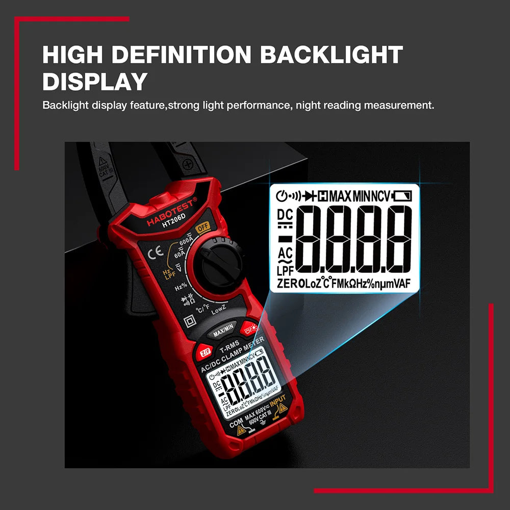 HABOTEST HT206 pince multimètre numérique courant cc/AC 600A multimètre ampèremètre testeur de tension voiture Amp Hz capacité NCV Ohm Test