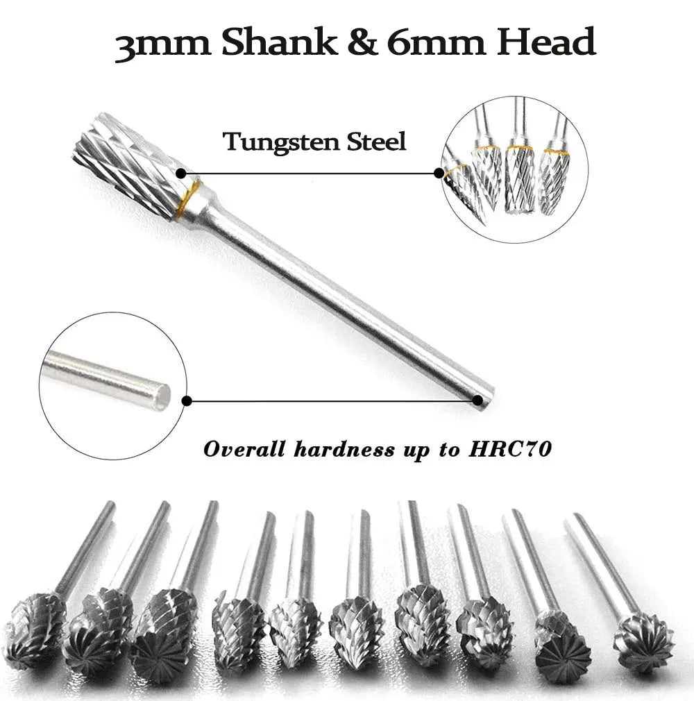 Jeu de fraises en acier au tungstène, outils rotatifs à tige de 3mm, coupe diamant, 10 pièces