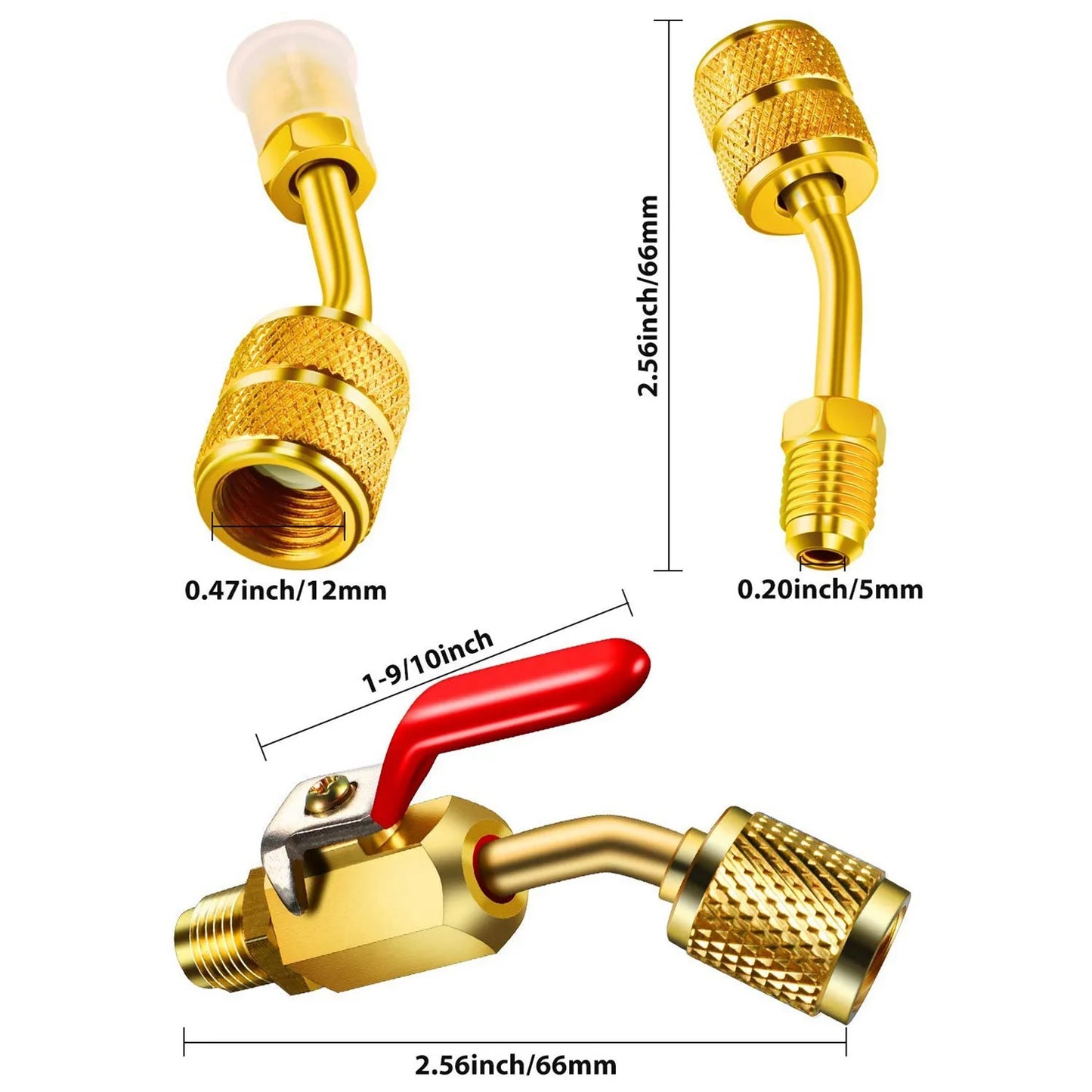 Vanne à bille compacte à angle pour réfrigérant de climatisation, 3 vannes à bille à angle et 4 adaptateurs utiles, SAE pour R410A R134A R12