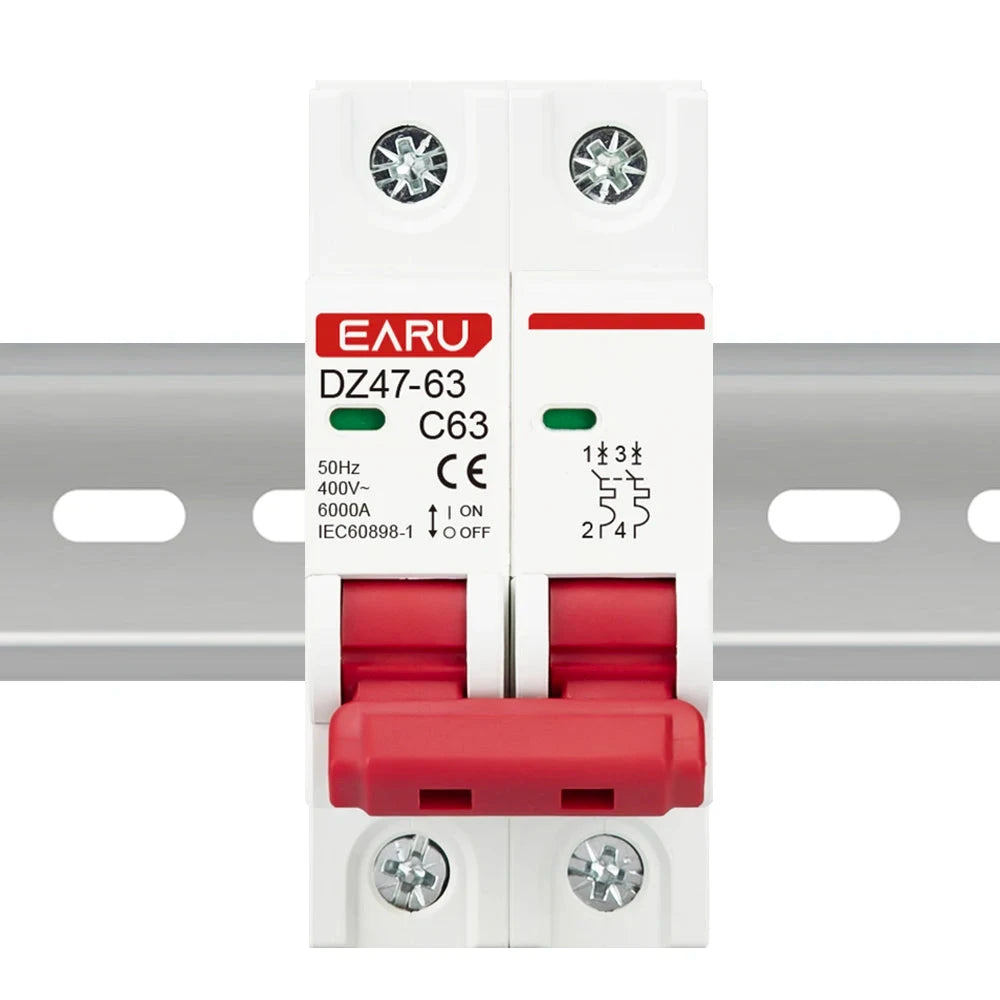 2 Pôles 3A/6A/10A/16A/20A/32A/40A/50A/63A 400V~ Disjoncteur Miniature Type C Montage Rail Din 35mm Capacité de Coupure