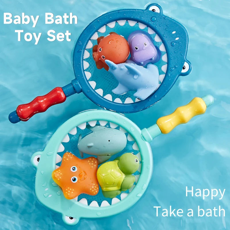 Baby Bath Fishing Toy Set with Floating Fish and Frog Net for Ages 0-6 Years