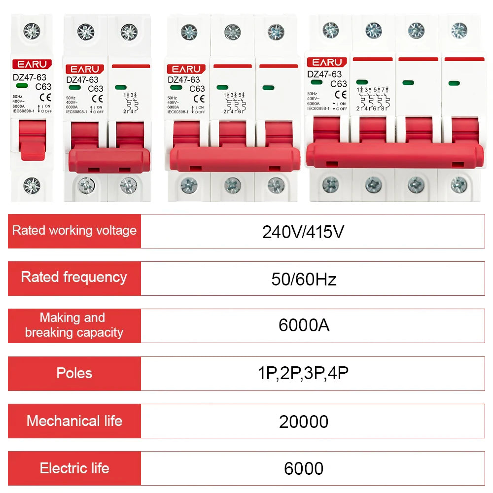 2 Pôles 3A/6A/10A/16A/20A/32A/40A/50A/63A 400V~ Disjoncteur Miniature Type C Montage Rail Din 35mm Capacité de Coupure