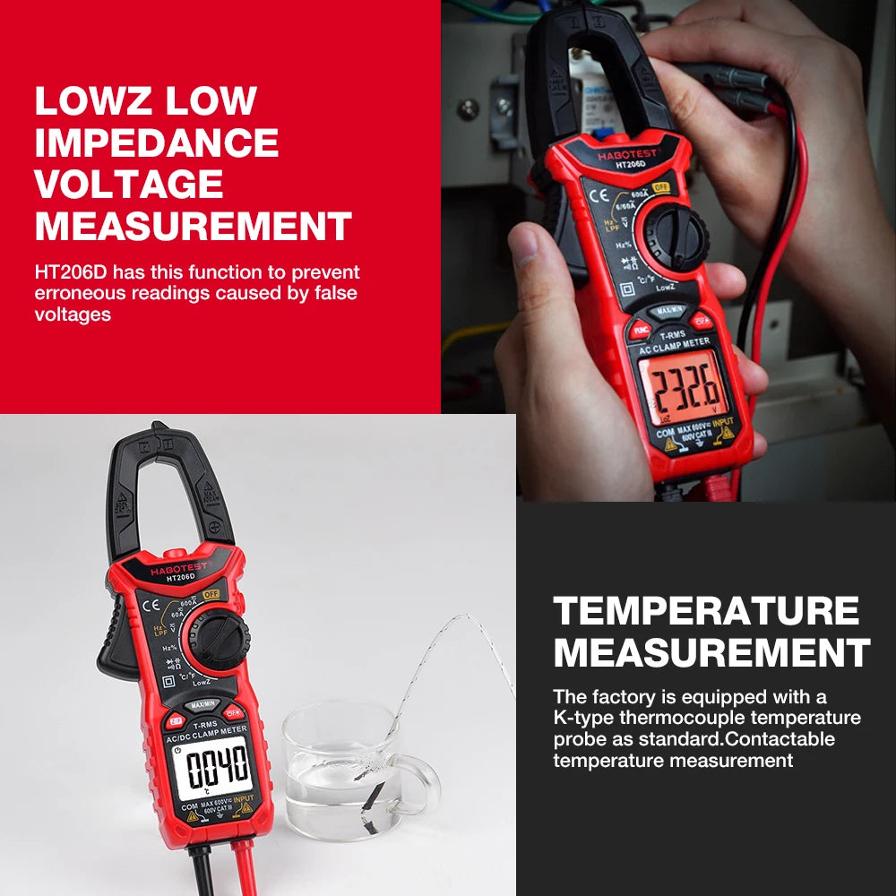 HABOTEST HT206 pince multimètre numérique courant cc/AC 600A multimètre ampèremètre testeur de tension voiture Amp Hz capacité NCV Ohm Test