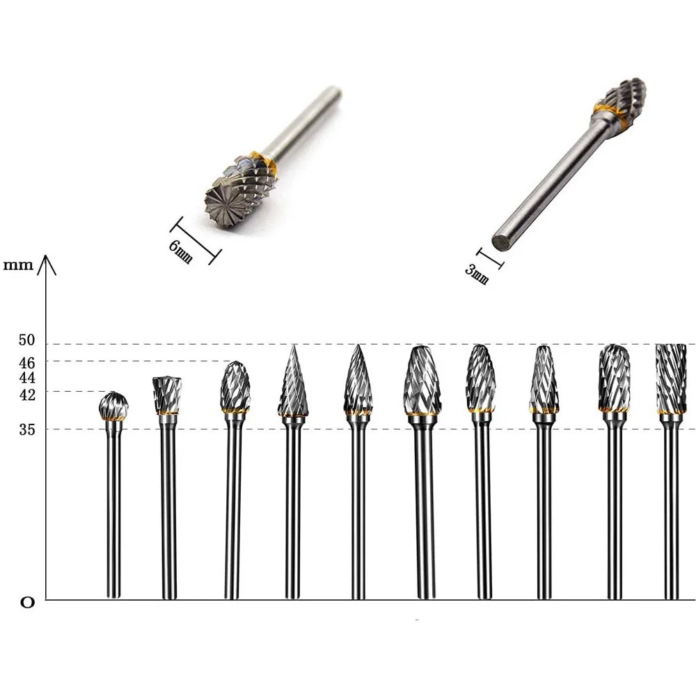 Jeu de fraises en acier au tungstène, outils rotatifs à tige de 3mm, coupe diamant, 10 pièces