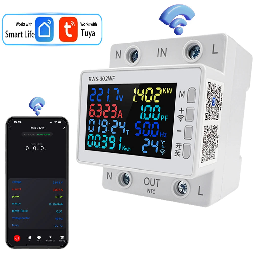 63A Tuya WIFI Smart Life Voltmètre AC170-270V Ampèremètre Wattmètre Compteur de consommation électrique Compteur KWH Compteur d'énergie