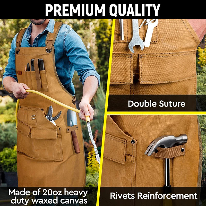 Heavy-Duty Canvas Apron with Tool Pockets: Tablier unisexe réglable en toile robuste avec poches pour outils, pour le travail et la maison