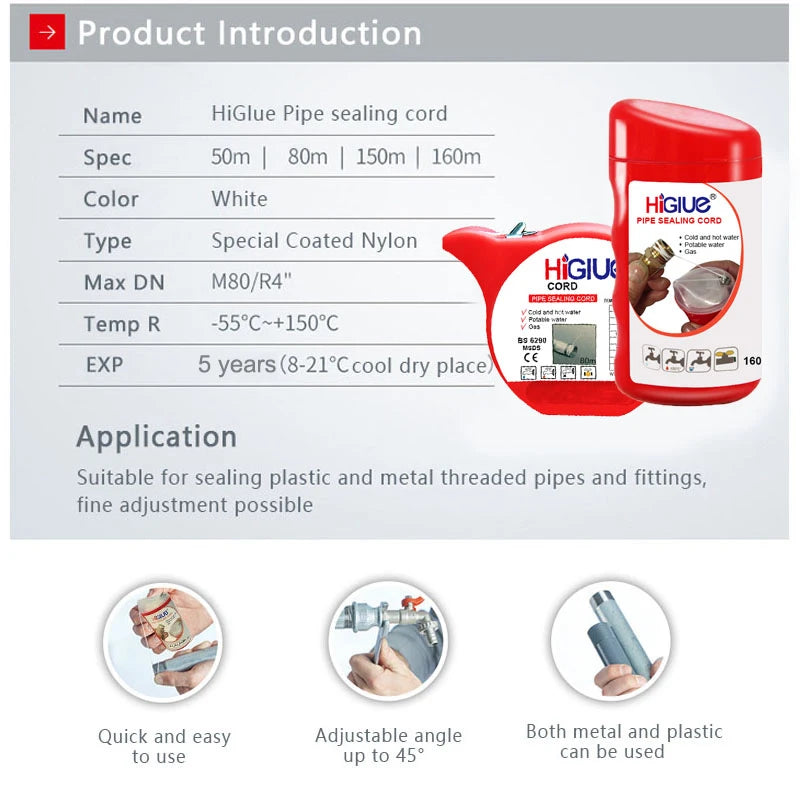 20M/50M Cinta de PTFE Cuerda de Sellado para Roscas, para Fugas de Agua/Gas