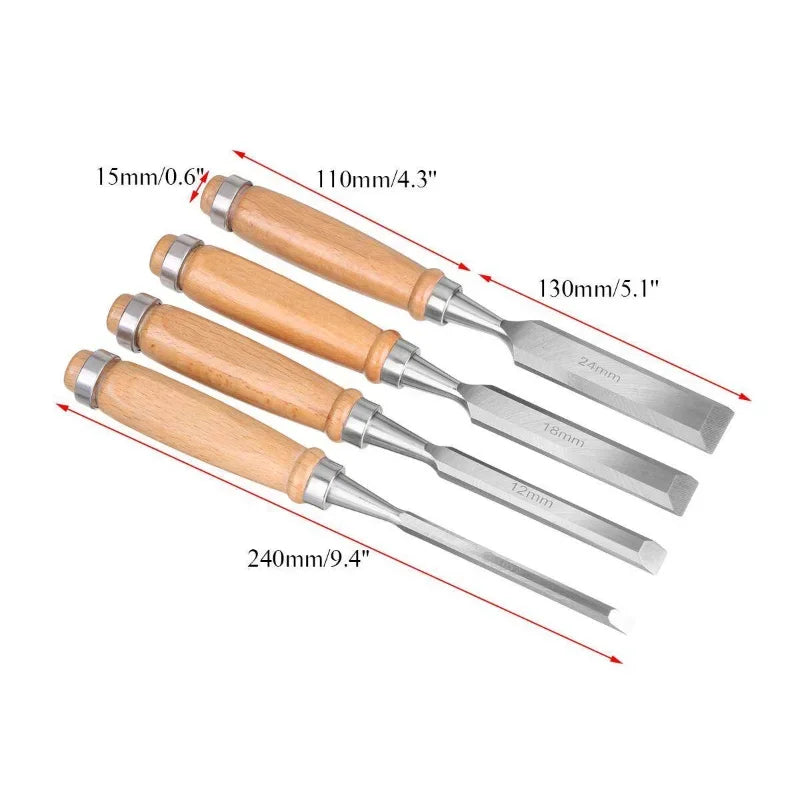 Ensemble de ciseaux à bois professionnels - 4 pièces de gouges à main pour le bricolage du travail du bois