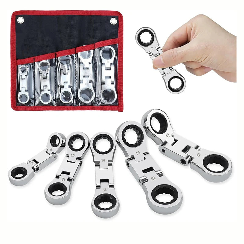 5-Piece Flex-Head Stubby Ratcheting Combination Wrench Set, Mini Wrench Set, Double Box End Flex-Head, Mini Spanner Set