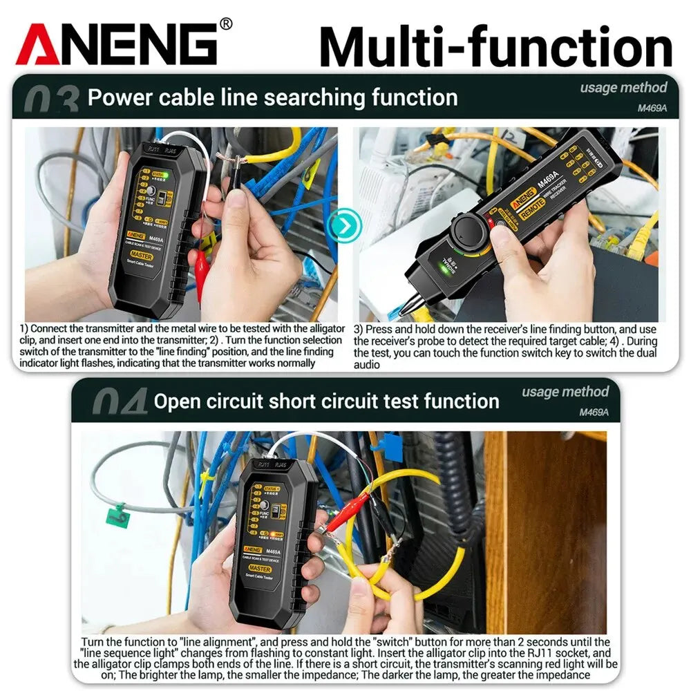 ANENG M469A Testeur de câble réseau intelligent RJ45 RJ11 Testeur de câble LAN Détecteur de fil Traceur Récepteur Outil de réparation réseau électrique