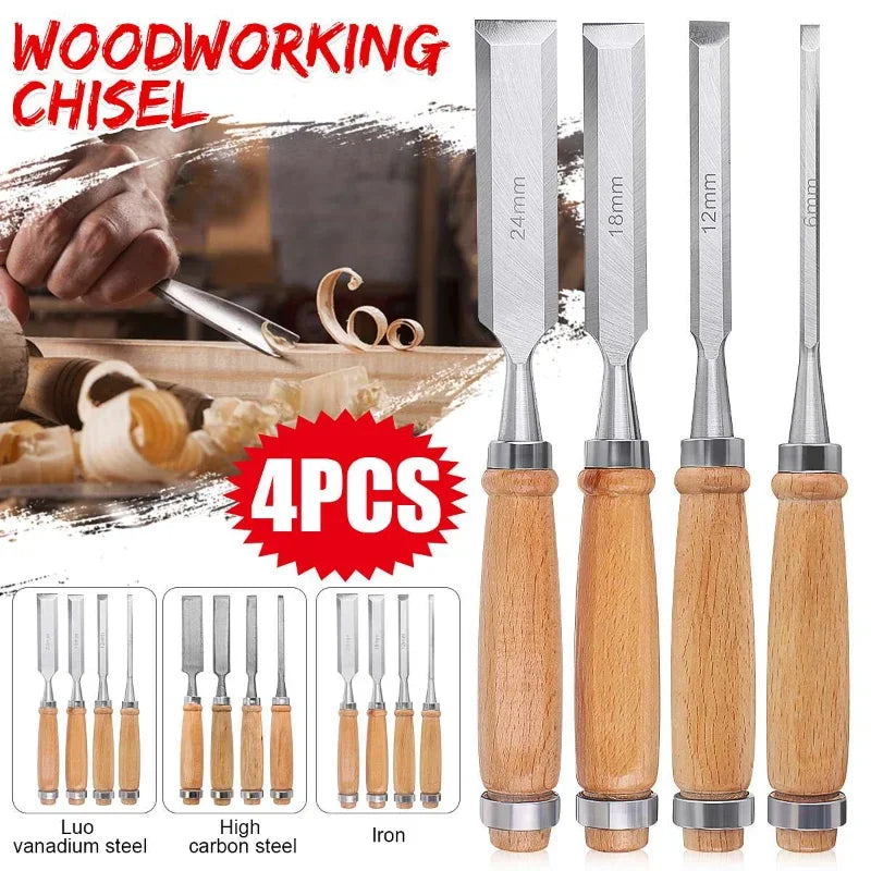 Ensemble de ciseaux à bois professionnels - 4 pièces de gouges à main pour le bricolage du travail du bois