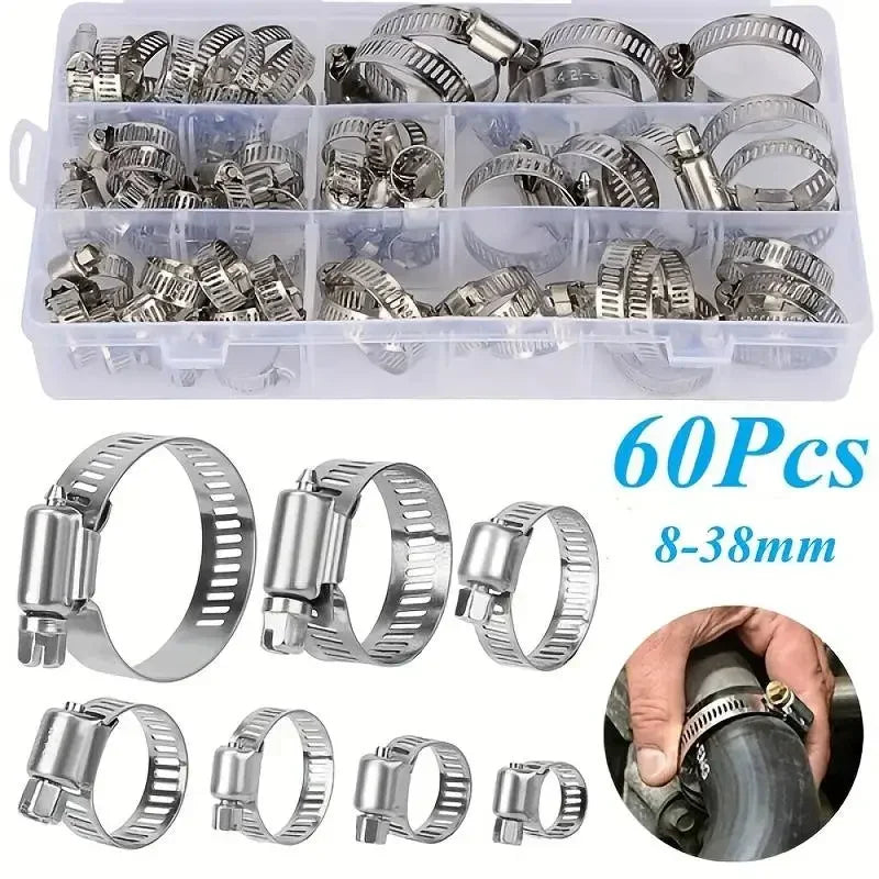 Jeu de 60 colliers de serrage en acier inoxydable, colliers de tuyaux réglables de 8 à 38 mm pour une utilisation en plomberie et automobile