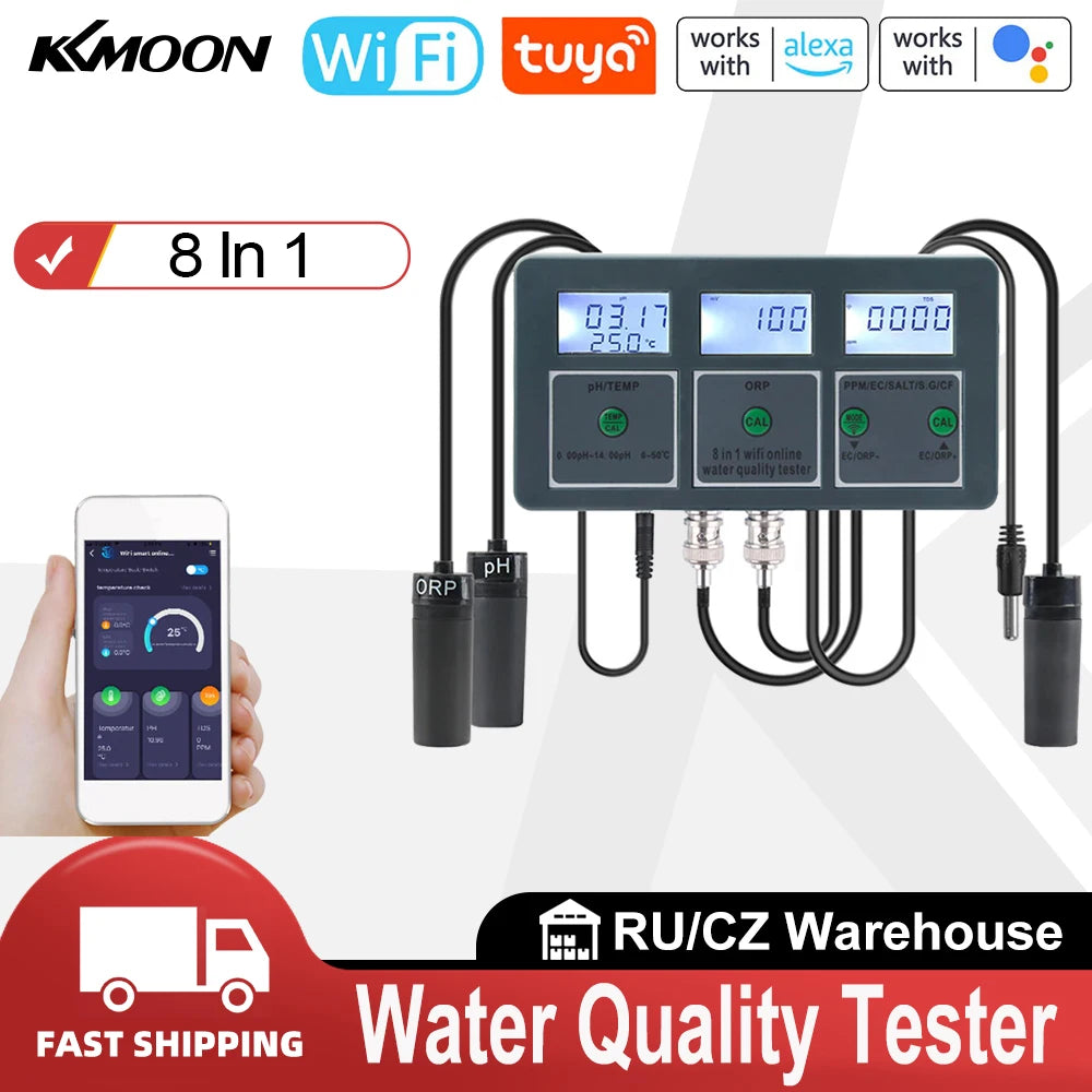 Testeur de qualité de l'eau 8 en 1 Tuya WiFi, analyseur de mesure S.G/PH/EC/ORP/TDS/CF/SALT/TEMP, détecteur de qualité de l'eau à monter soi-même, moniteur d'eau LCD rétroéclairé