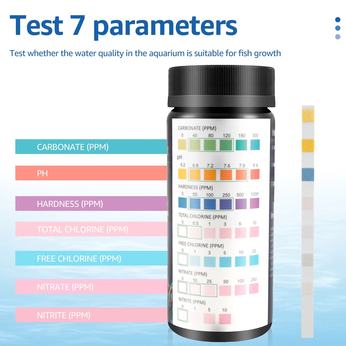 100 bandelettes de test pour aquarium 7 en 1/6 en 1/5 en 1, bandelettes de test de qualité de l'eau, bandelettes de test du pH de l'eau d'aquarium d'eau douce et d'eau salée