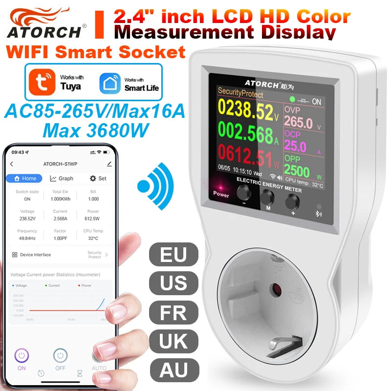 16A Prise Intelligente Tuya WIFI AC220V 110V Wattmètre Numérique Prise EU Consommation d'électricité Puissance KWH Compteur d'énergie US AU FR