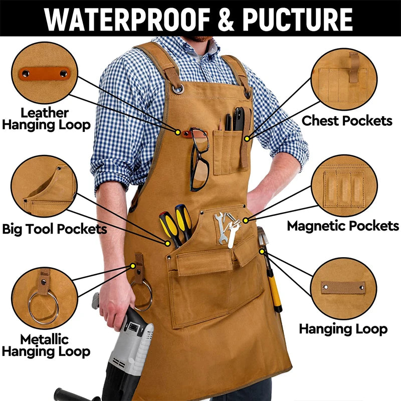 Heavy-Duty Canvas Apron with Tool Pockets: Tablier unisexe réglable en toile robuste avec poches pour outils, pour le travail et la maison
