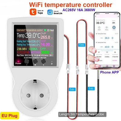 16A AC220V Tuya WIFI Digital Thermostat Socket Incubator Temperature Controller With Timer Switch Cooling Heating 3M NTC Sensor